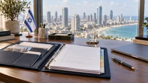 Investigation brief and organized documents on an office desk overlooking Tel Aviv, Israel